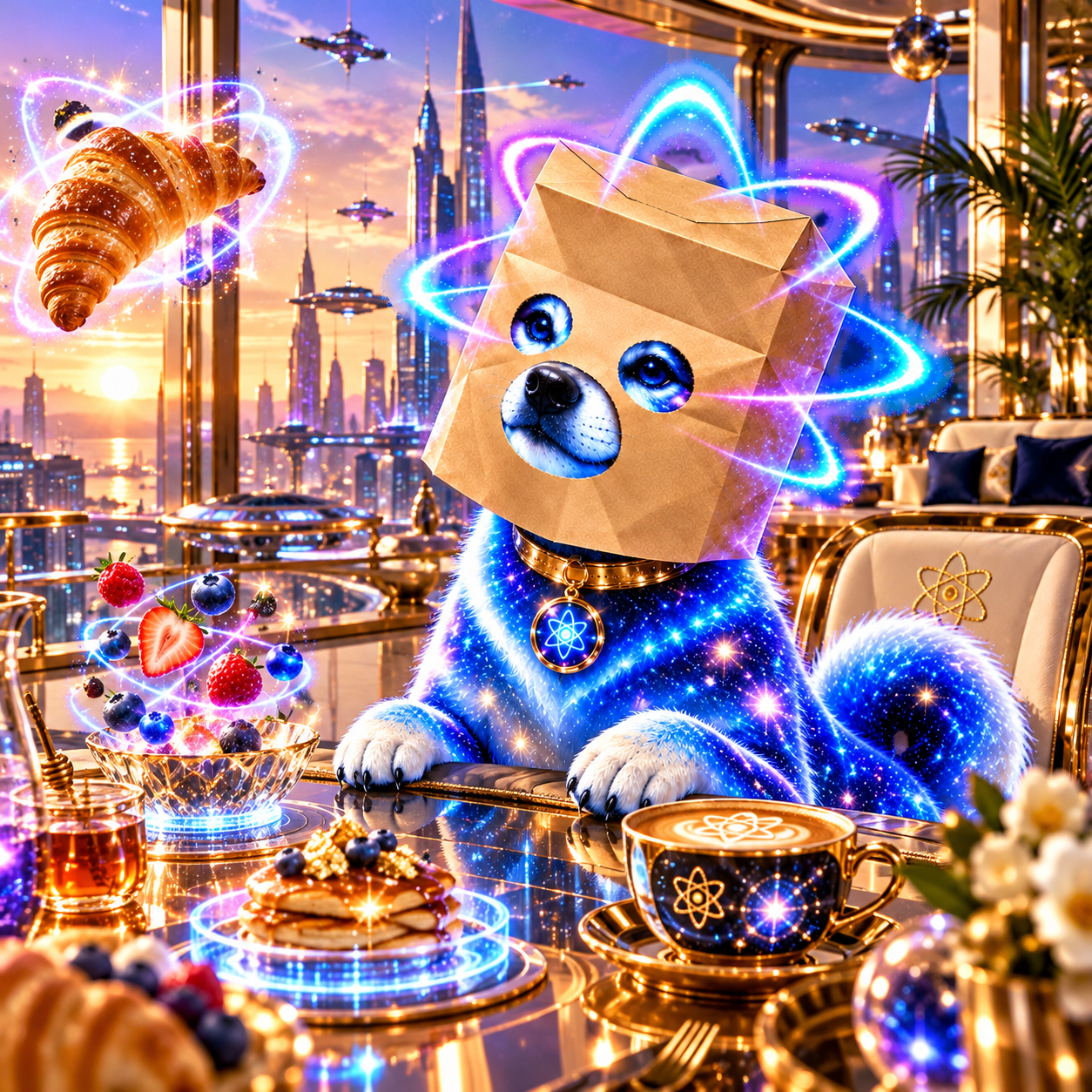 Cosmic paper-bag Inu enjoying breakfast with floating fruit and a croissant above a futuristic city