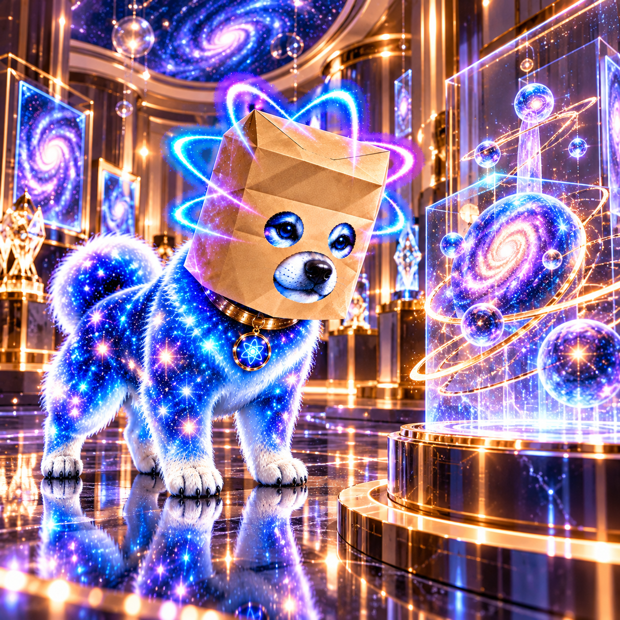 Cosmic paper-bag Inu beside glowing galaxy holograms in a golden hall